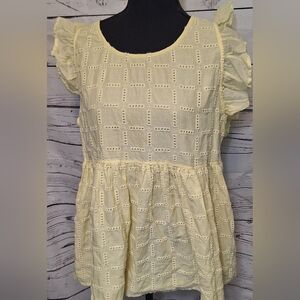 #1468 Jasmine & Ginger yellow eyelet ruffle sleeve peasant blouse sz L
